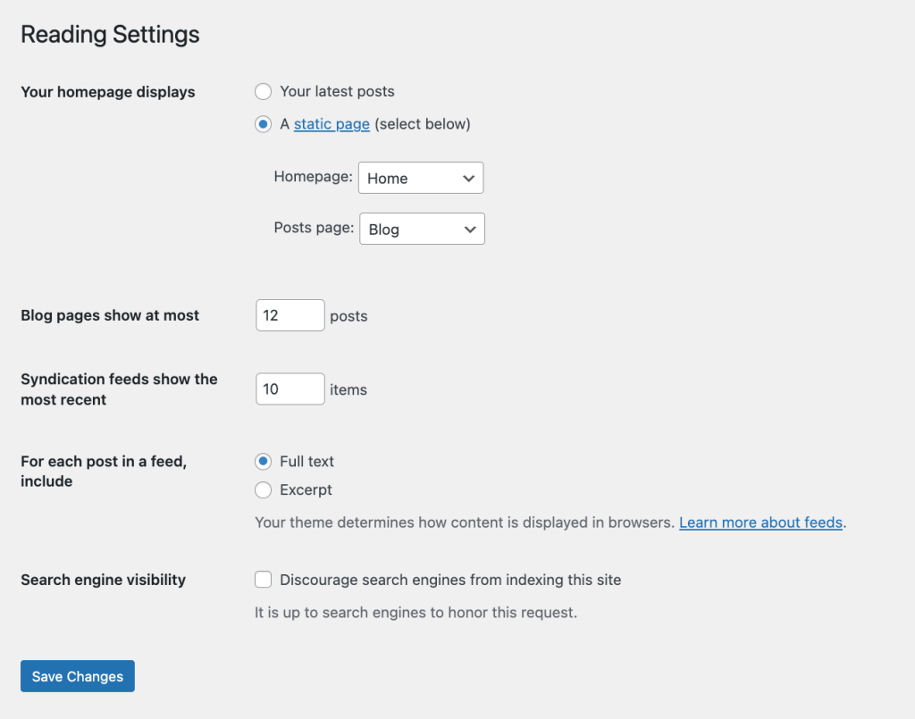 WordPress Reading settings example showing static page settings and 12 posts on blog page