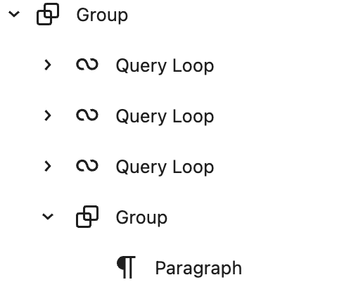 Screenshot of listview for the top level blocks included in the front page template and a paragraph block for a next page link expanded.