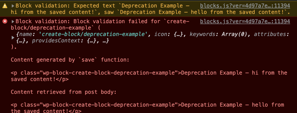 Screenshot of error message from the Deprecation Example