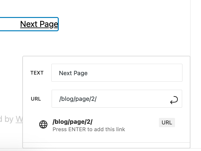 Screenshot showing the settings for a hyperlink with text of Next Page and URL of /blog/page/2/