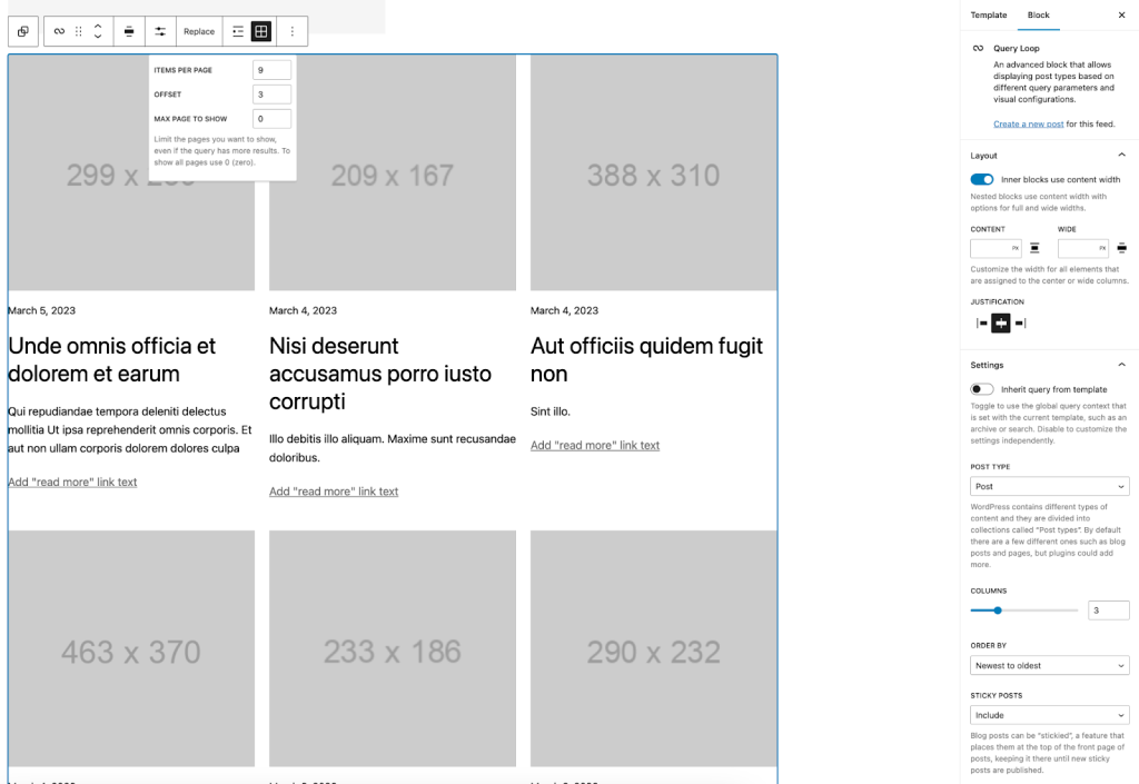 Screenshot of listview for the blocks included in the third of three query loop blocks.