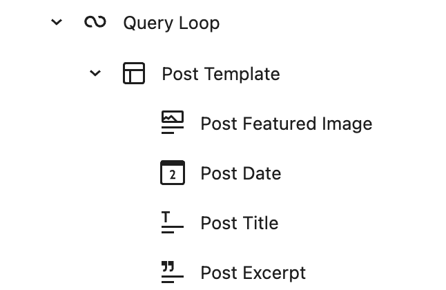 Screenshot of listview for the blocks included in the third of three query loop blocks.