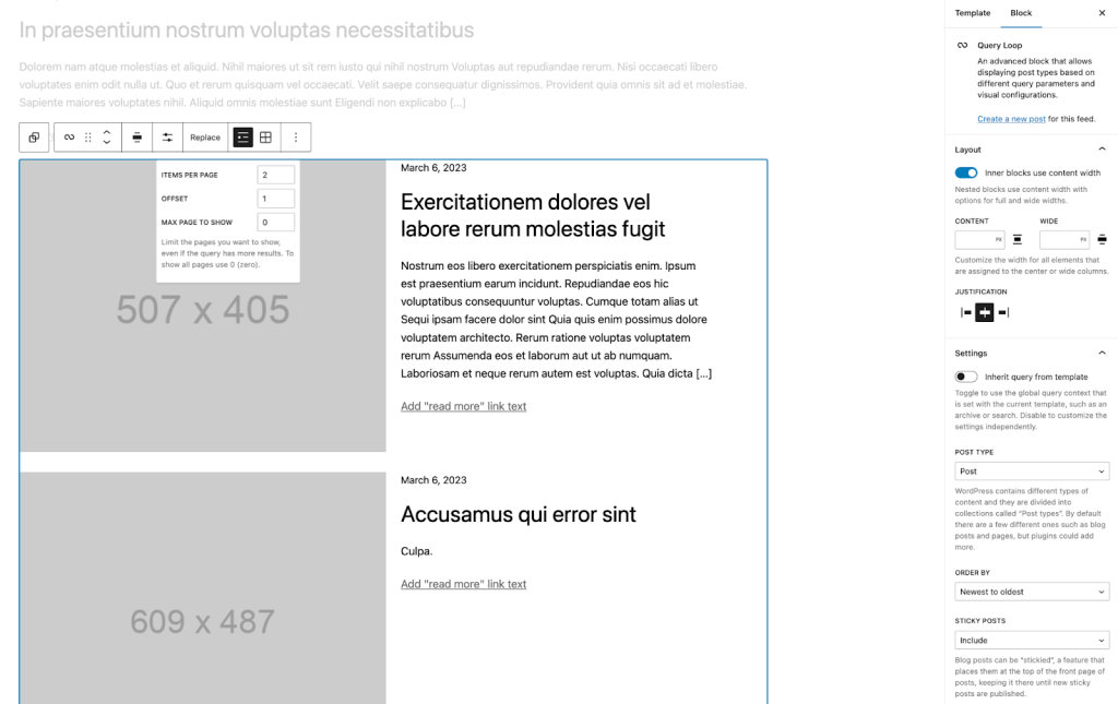 Screenshot of listview for the blocks included in the second of three query loop blocks.