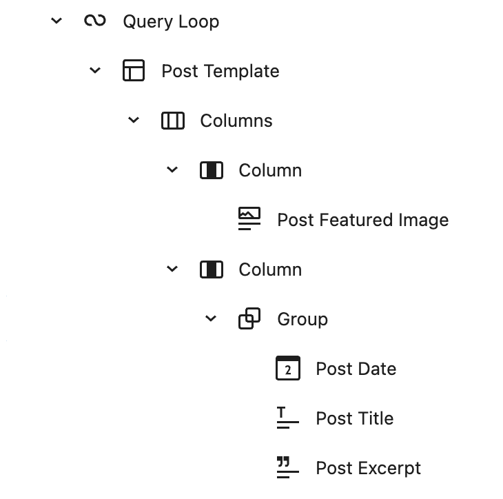 Screenshot of listview for the blocks included in the second of three query loop blocks.