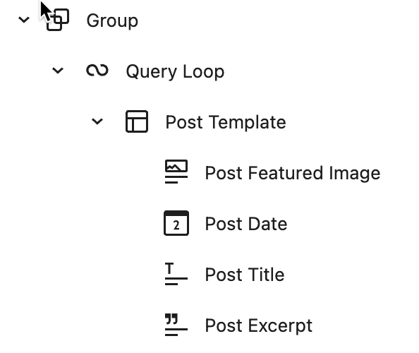 Screenshot of listview for the blocks included in the first of three query loop blocks.