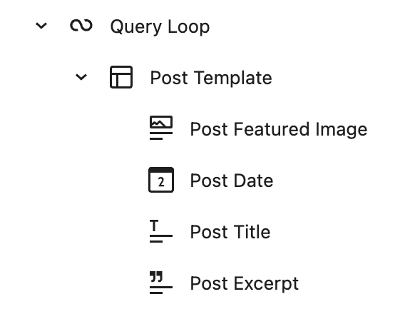 Screenshot of listview for the blocks included in the query loop for the posts page template