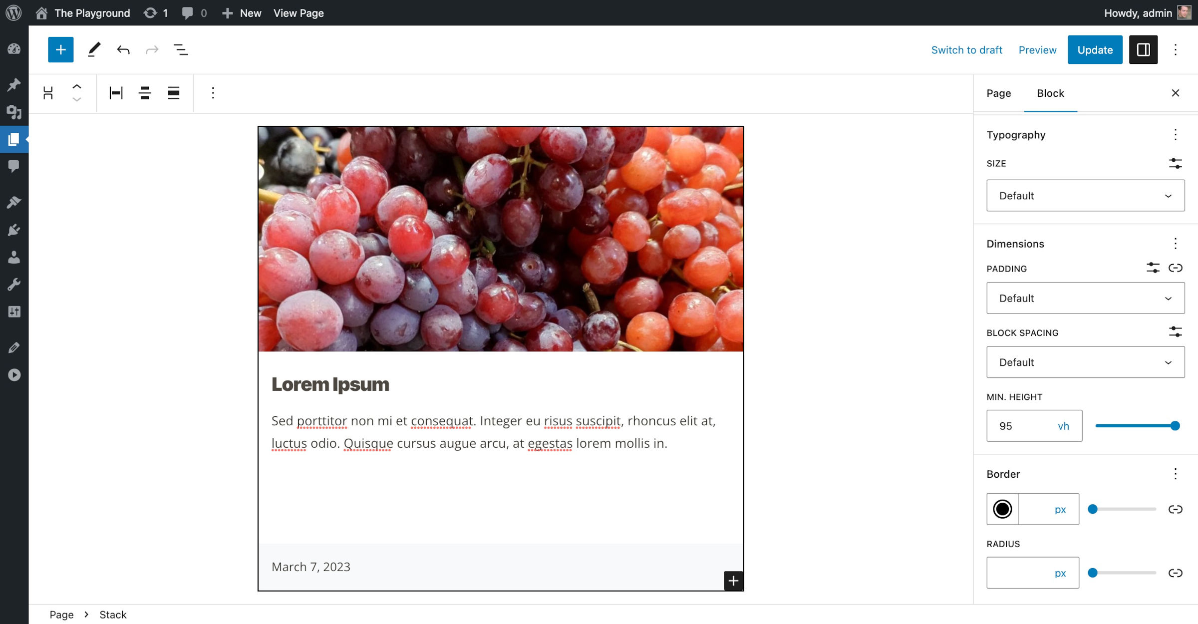 WordPress post editor with a box/card in the content canvas. It contains an image of grapes and demo text. The sidebar is focused on a minimum height field.