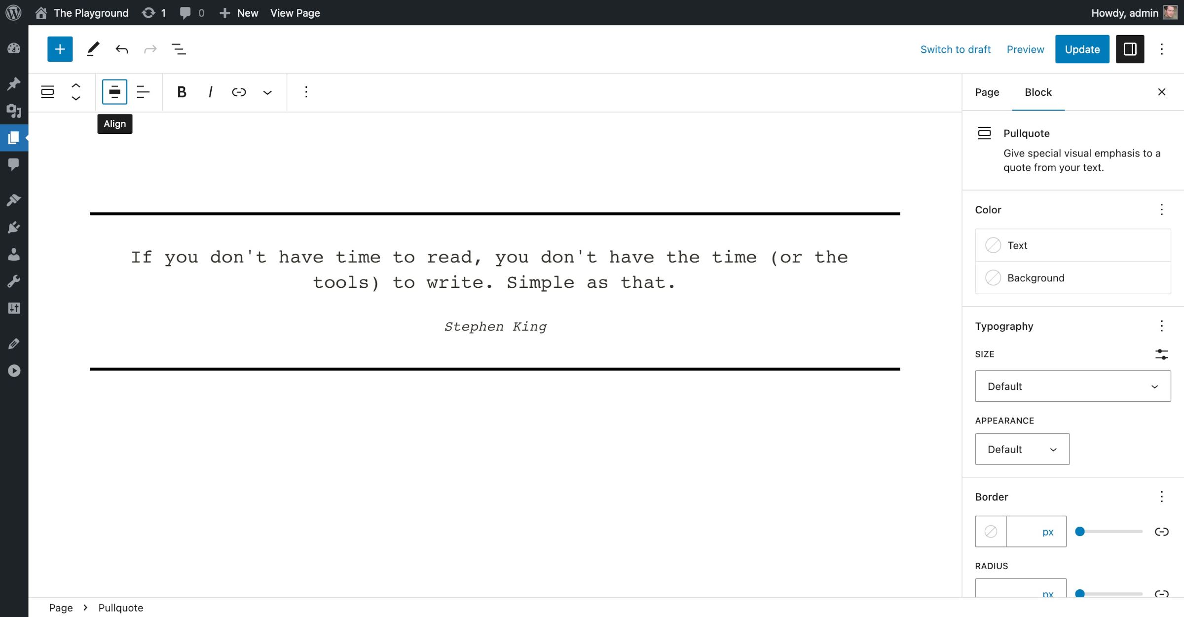 WordPress post editor showing a Pullquote block that has a black top and bottom border.