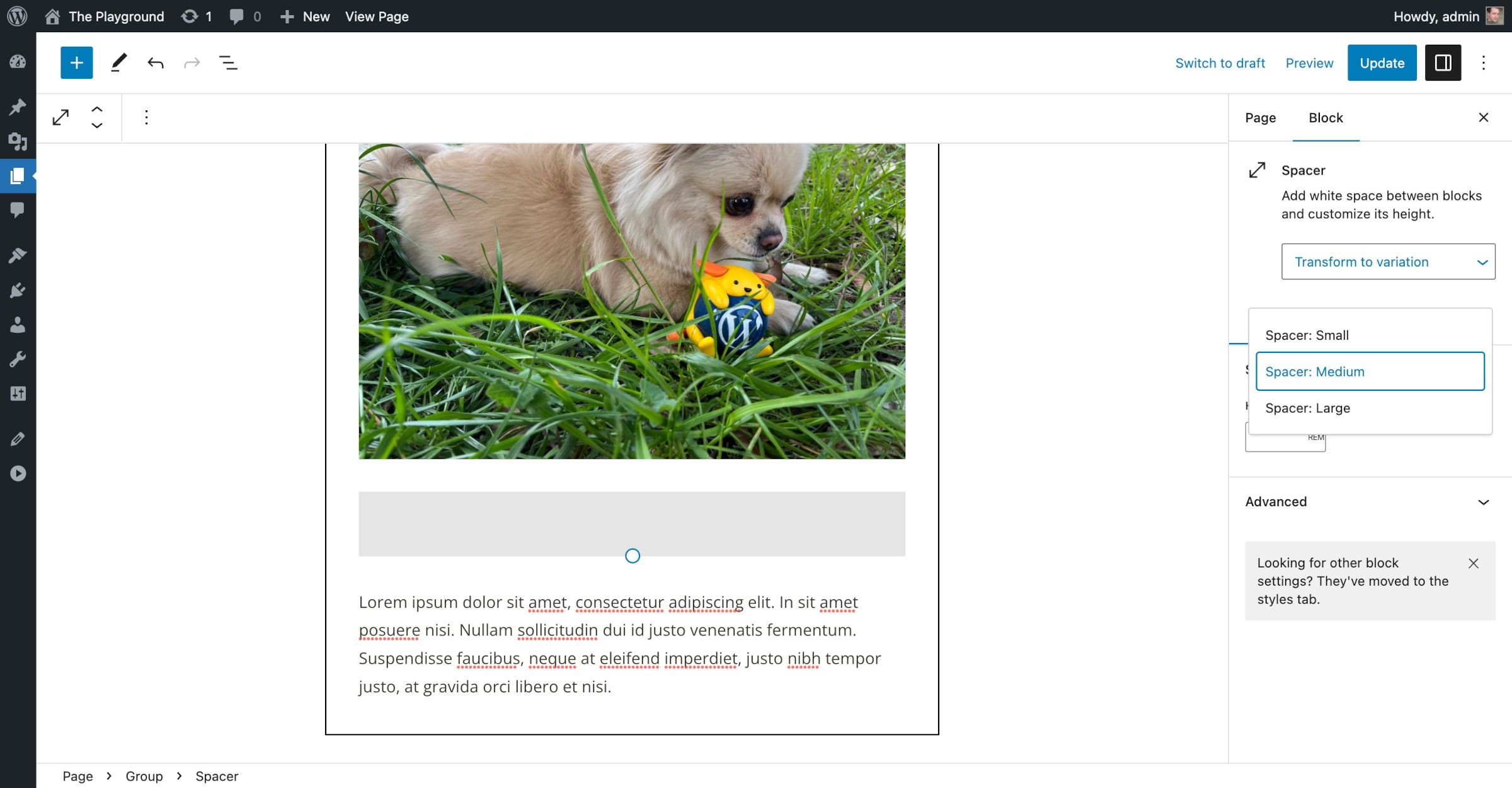 WordPress post editor that shows a box with a black border in the screen. At the top of the box is an image of a dog, and at the bottom, some demo text. Between the two sits a Spacer block that is being adjusted.