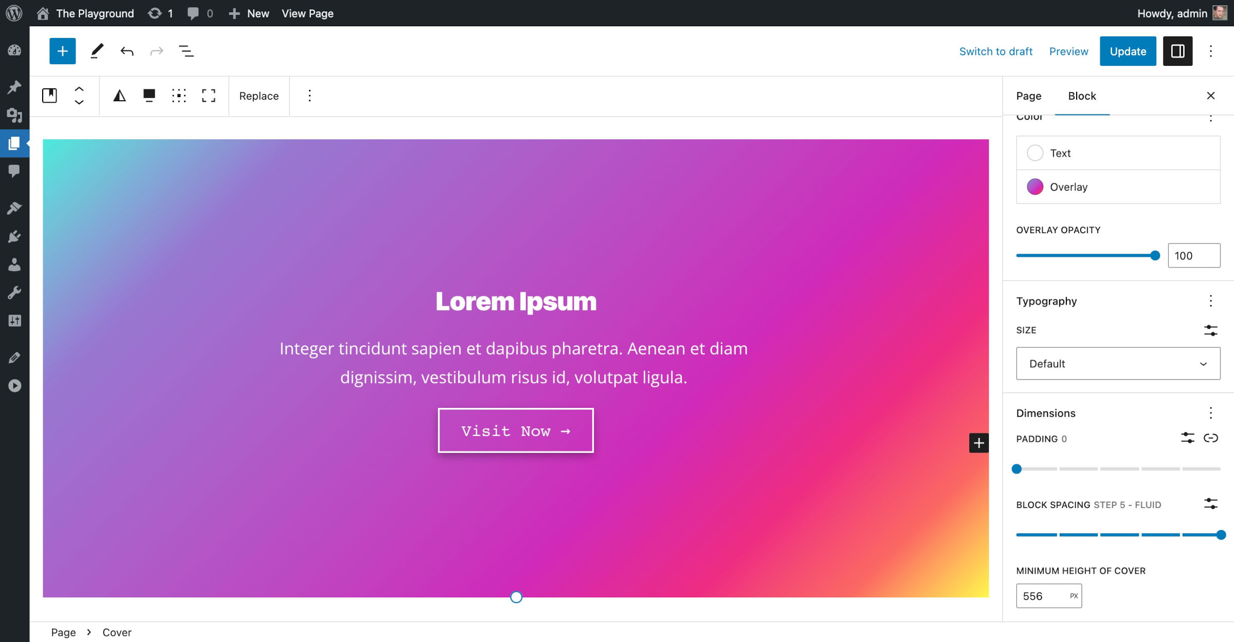 WordPress post editor showing a Cover block with a gradient background. In the sidebar panel, the Block Spacing option is set to a fluid size.
