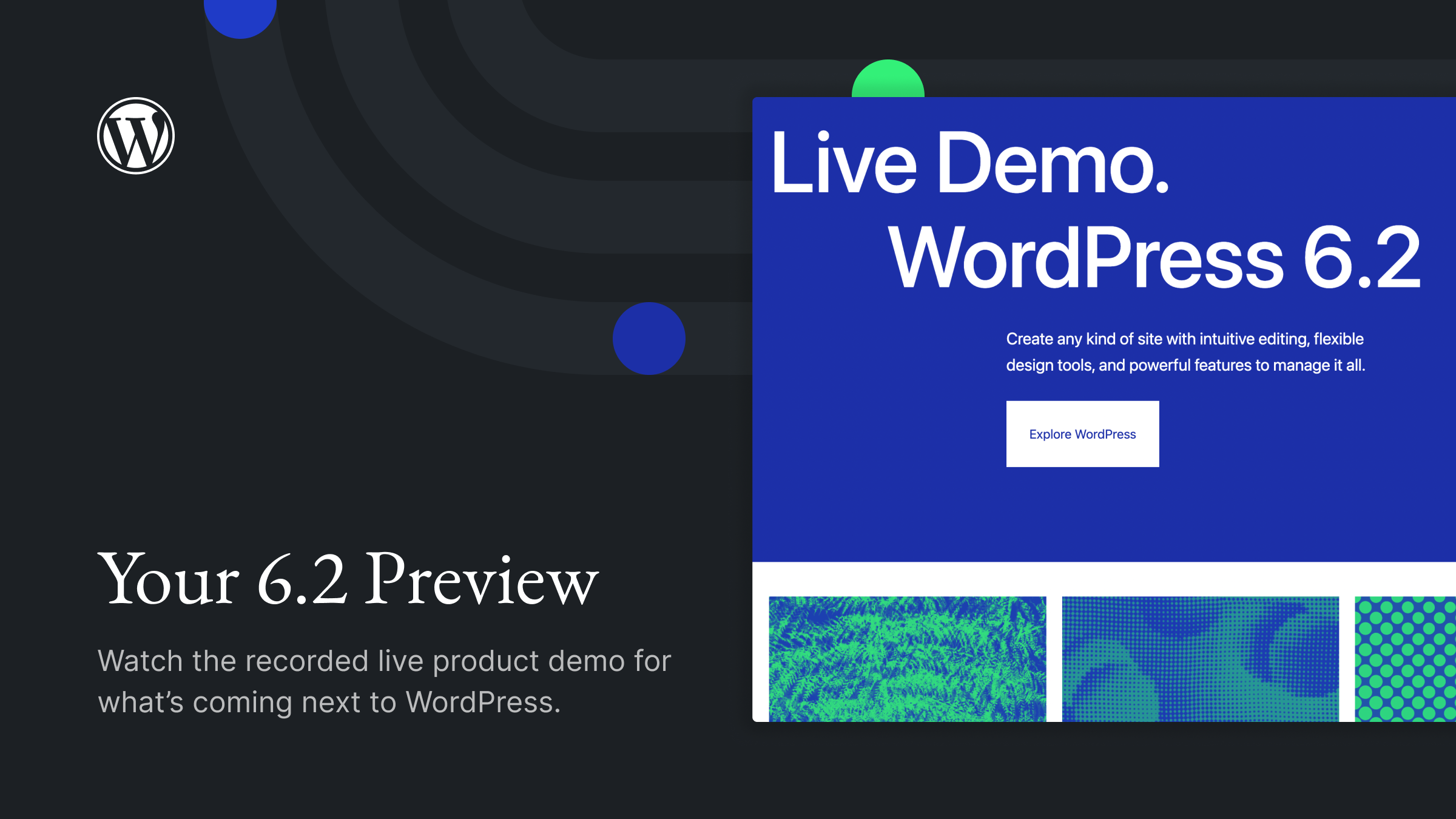 Decorative image announcing the WordPress 6.2 live demo.