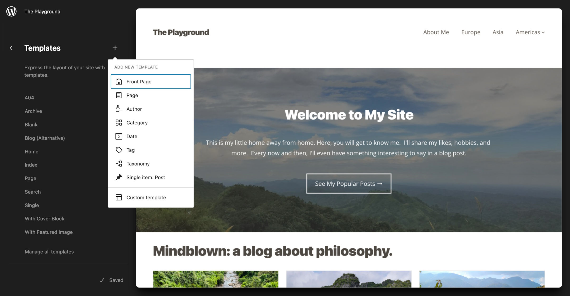 WordPress site editor with the "Templates" sidebar open. There is a popup to "Add New Template" with the "Front Page" choice selected.