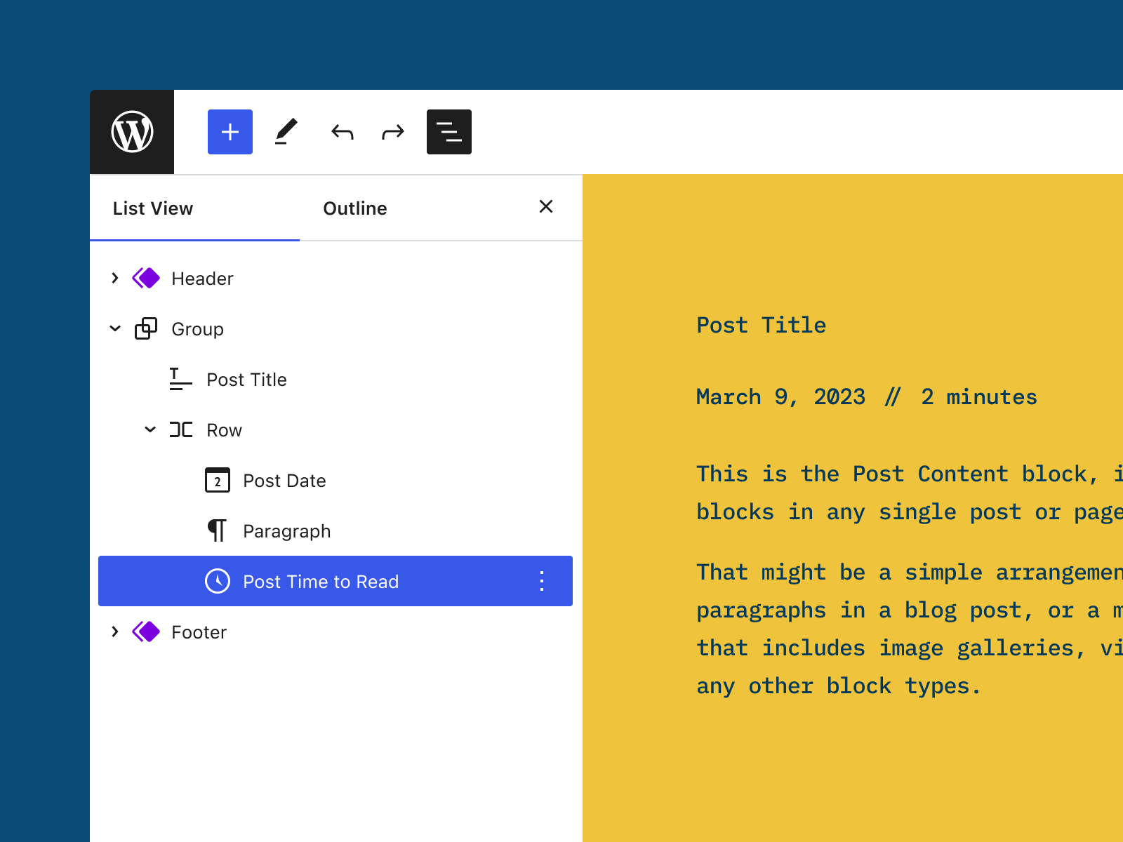A close-up view of the Block Editor with List View open and a "Post Time to Read" block selected.