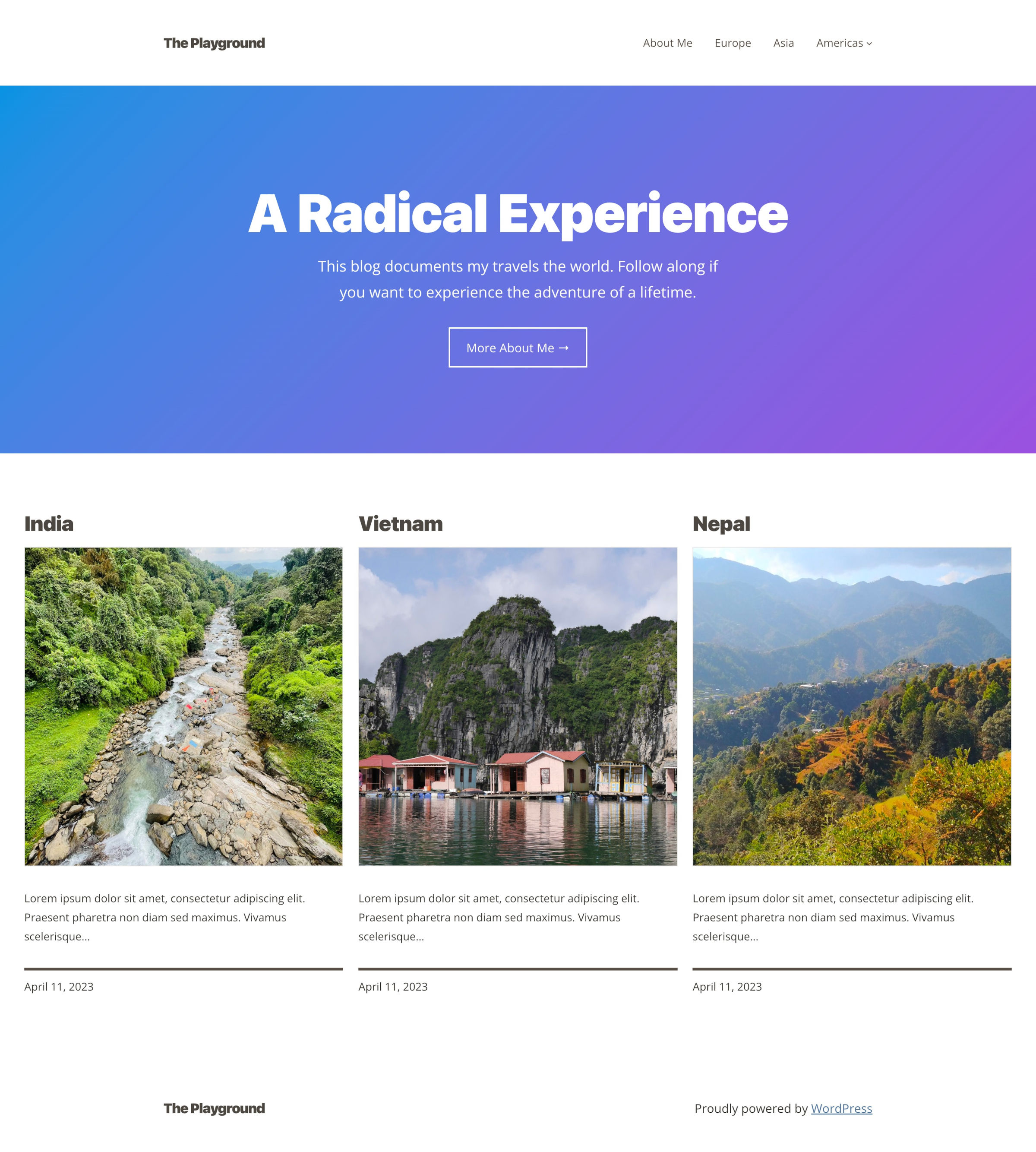 Preview of a website's front page with a blue/purple gradient header section and a three-column grid of posts below.