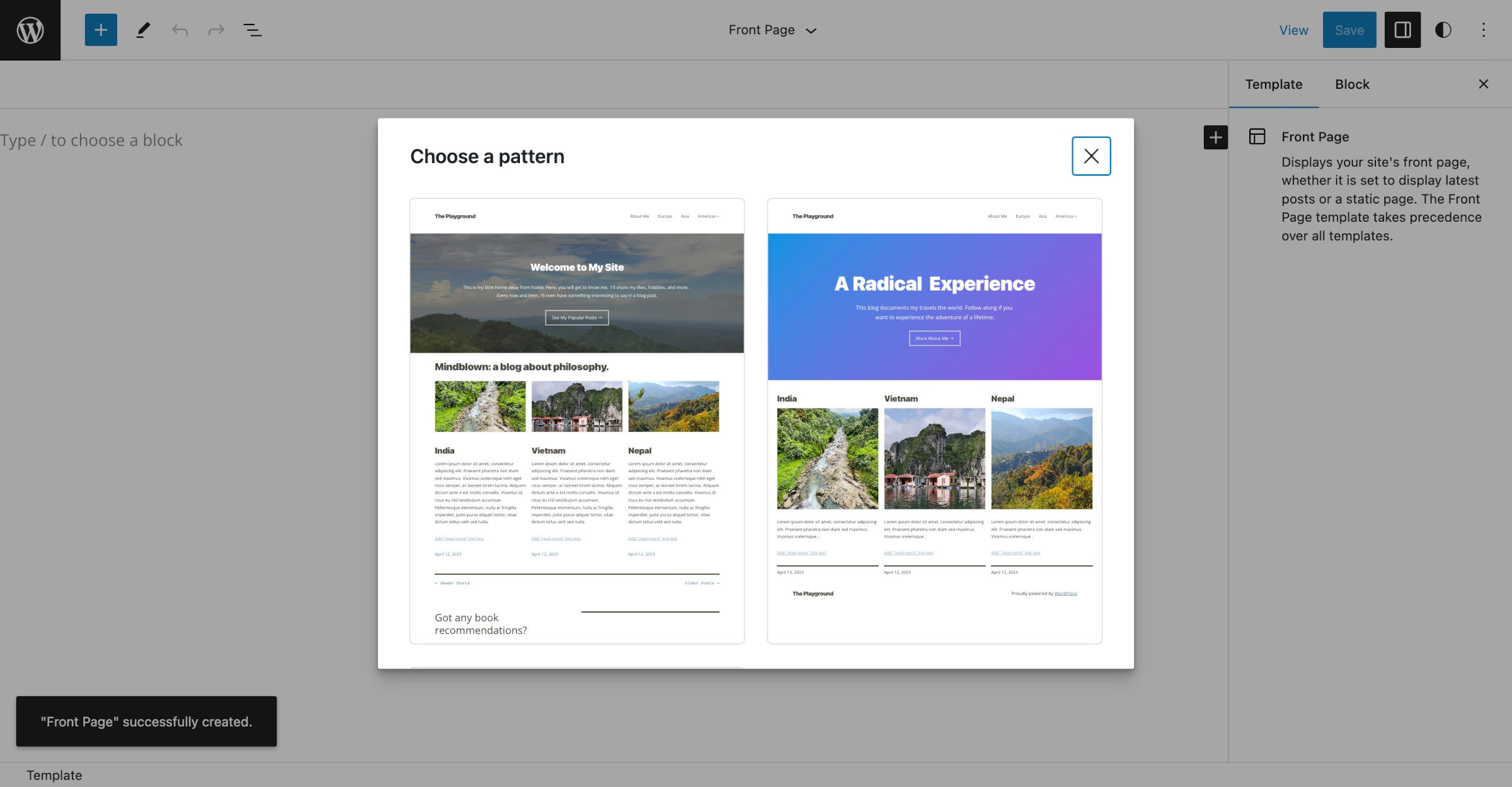 WordPress site editor with the Front Page template open and an empty content area. There is a popup modal overlaying the page with two patterns to choose from.