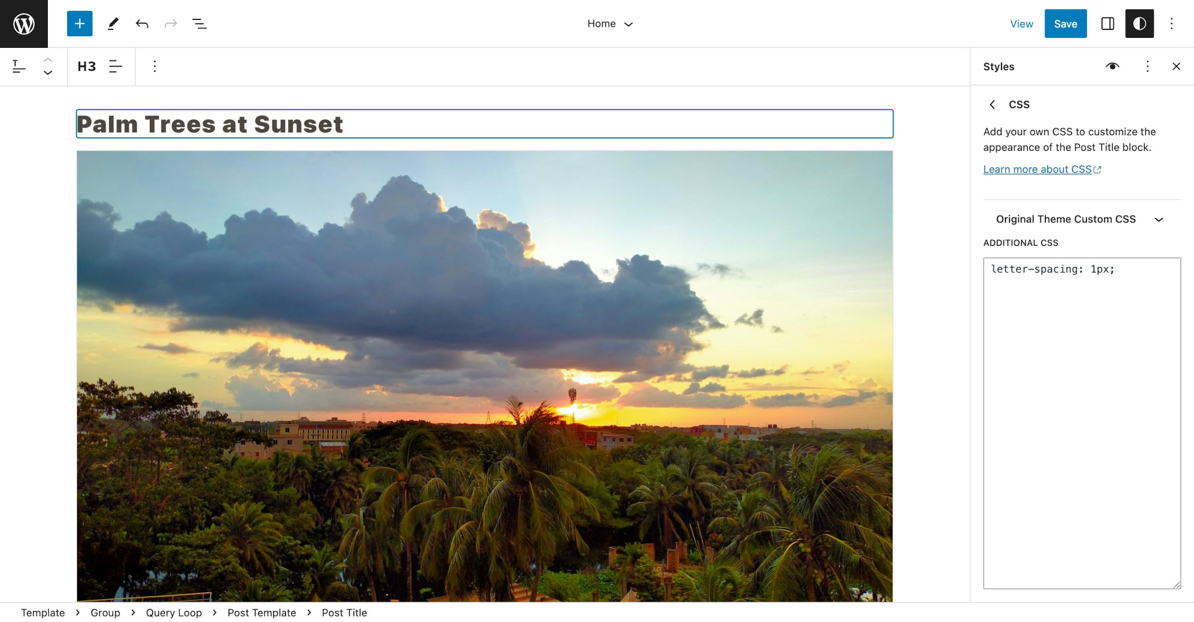 WordPress site editor opened to the homepage template. The Post Title block is selected and an Additional CSS panel is open with a single line of custom CSS.