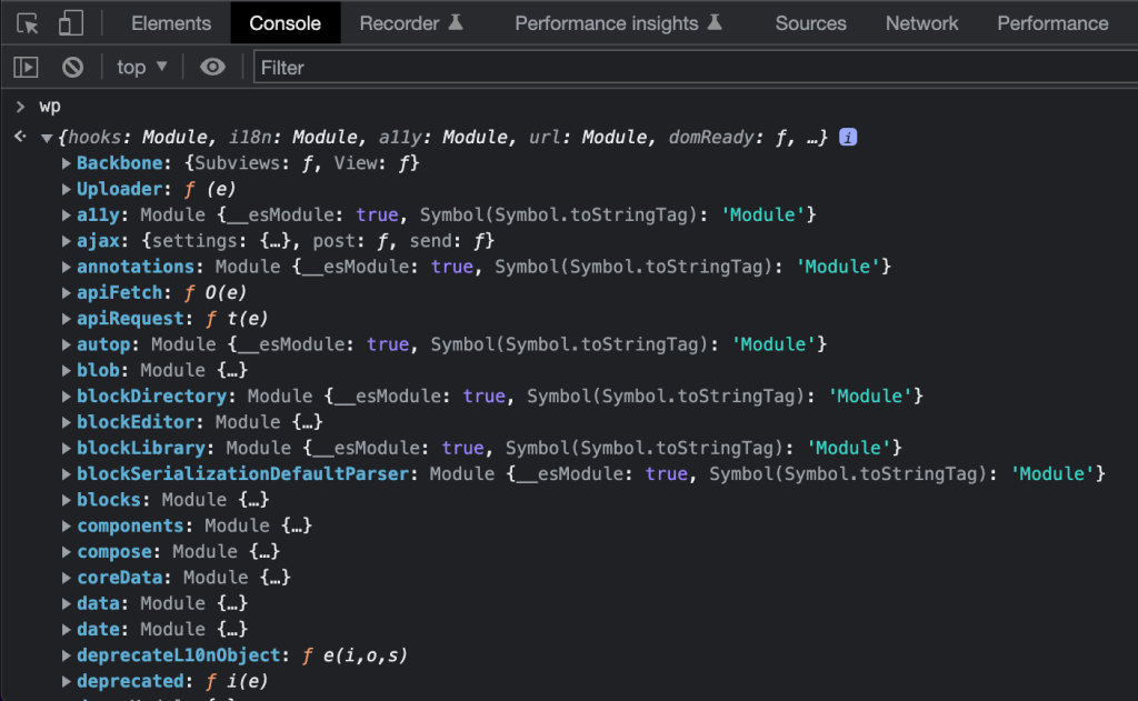 Browser console displaying the contents of the wp global.