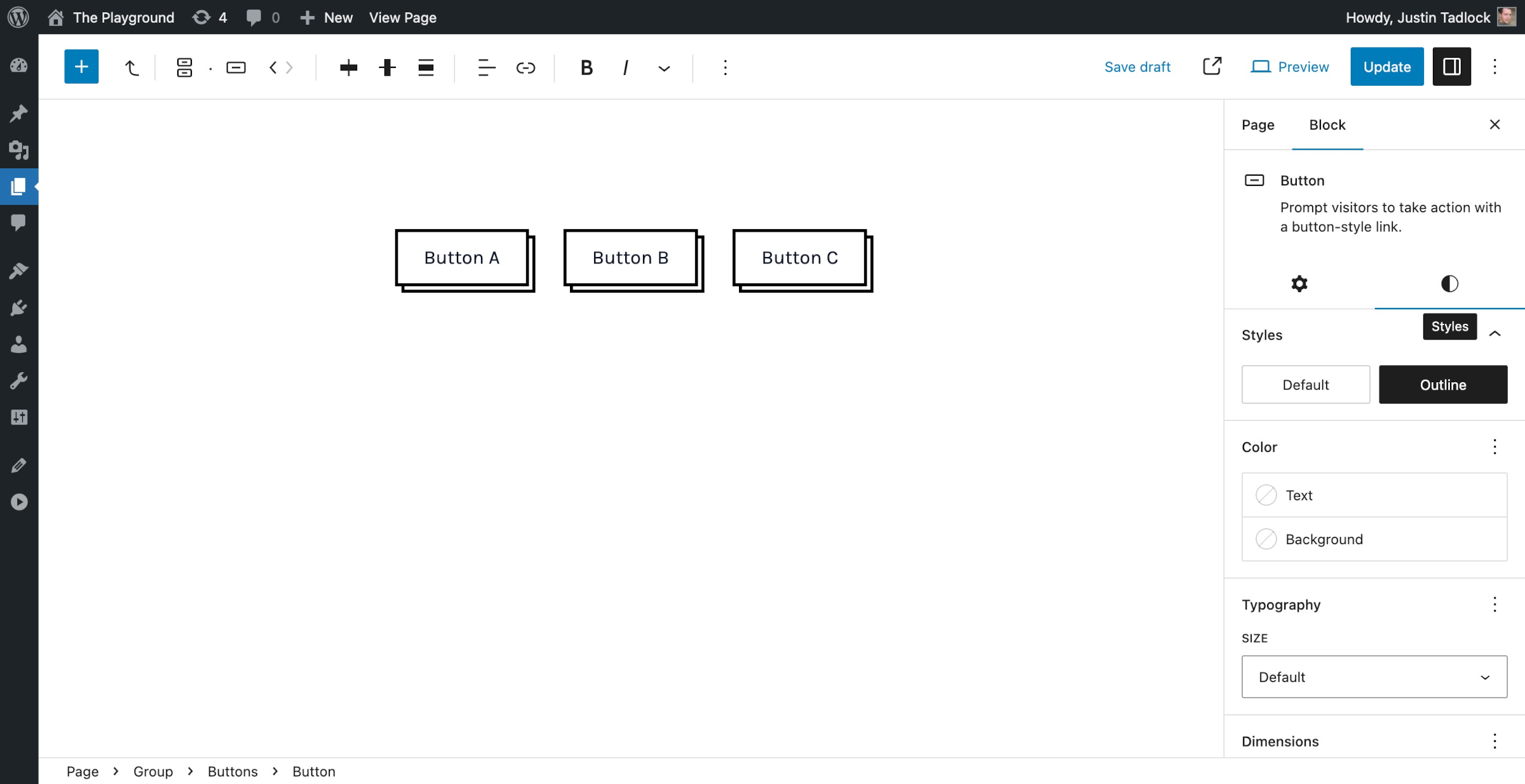 WordPress post editor that shows three rectangular buttons with a solid black border and solid black drop-shadow.