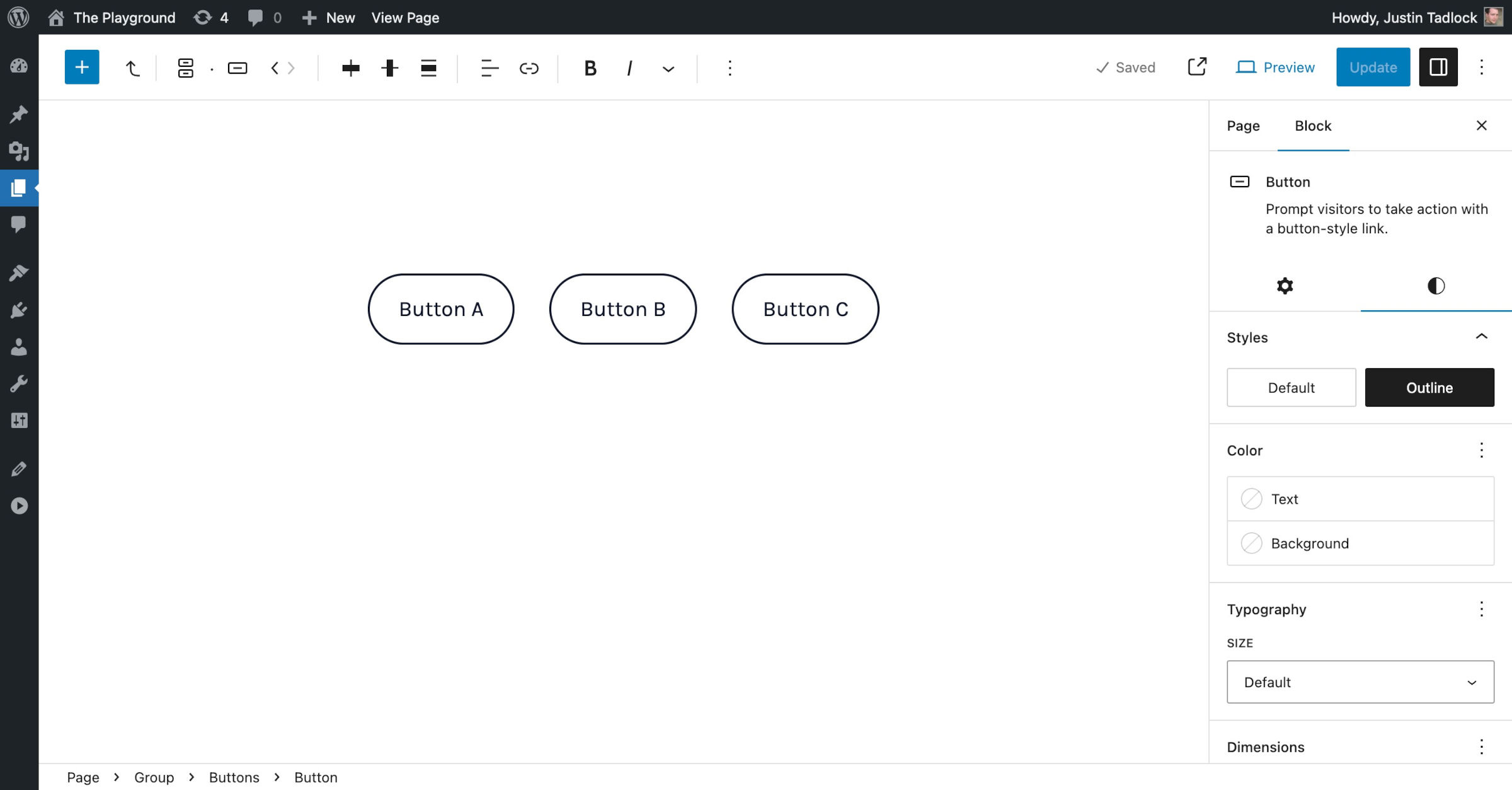 WordPress post editor with three buttons that have large inner spacing and rounded corners.