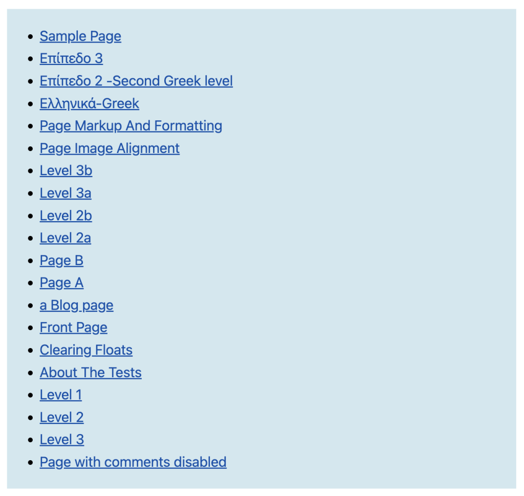 Screenshot showing an unordered list of page titles in the front end.
