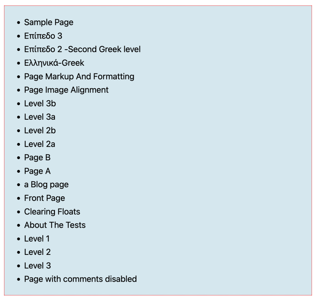 Screenshot showing an unordered list of page titles in the editor.