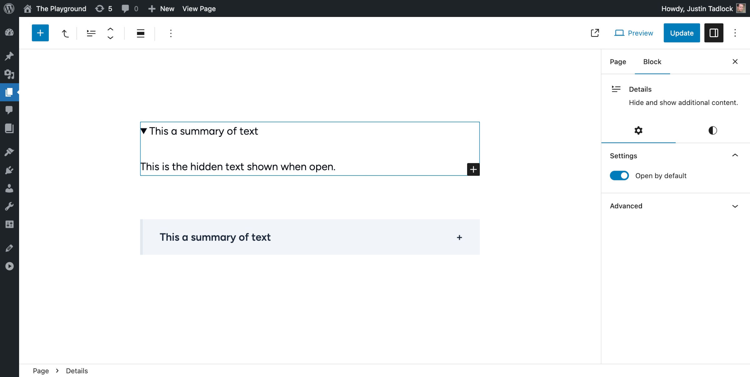 WordPress post editor with a Details block open, showing its hidden text in the summary panel.
