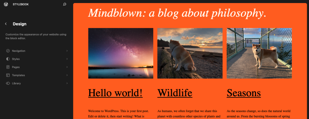 Screenshot showing Site Editor Design navigation pane.