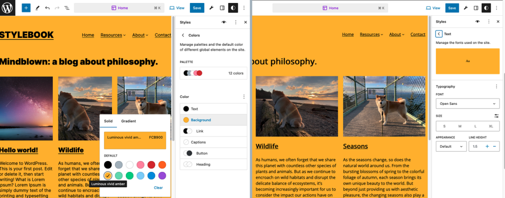 A screenshot showing how Style Book can be used to modify the global background color and text fonts