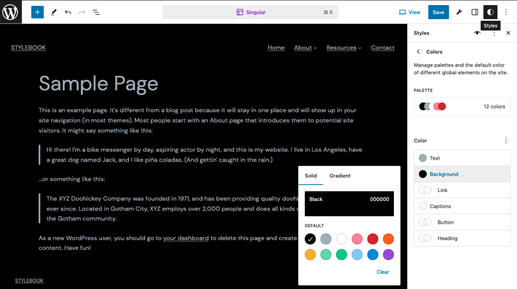Screenshot showing the Settings section of the editors' Global Styles panel.