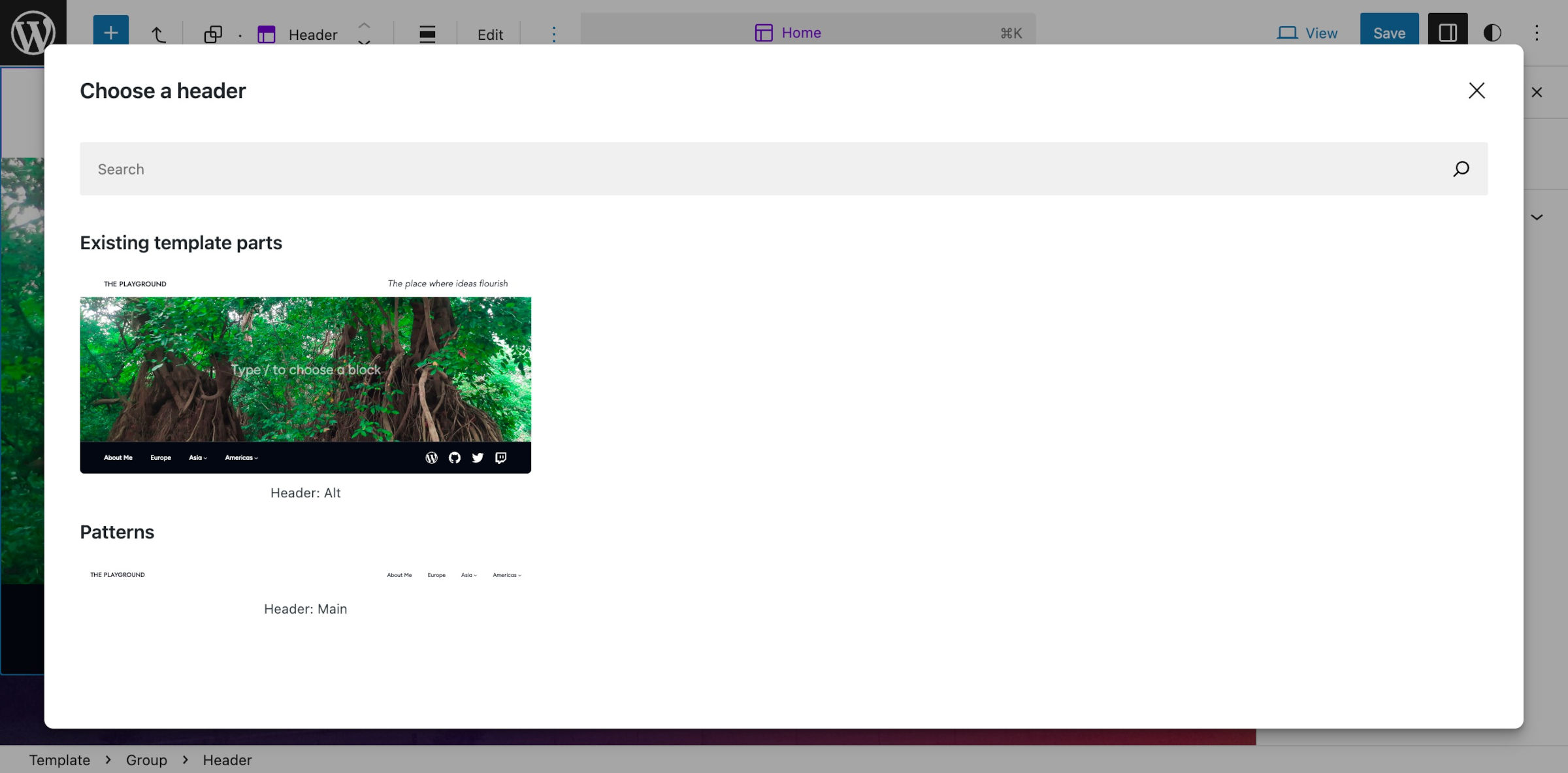 Popup modal for choosing a header template part or pattern. It shows one of each to select from.