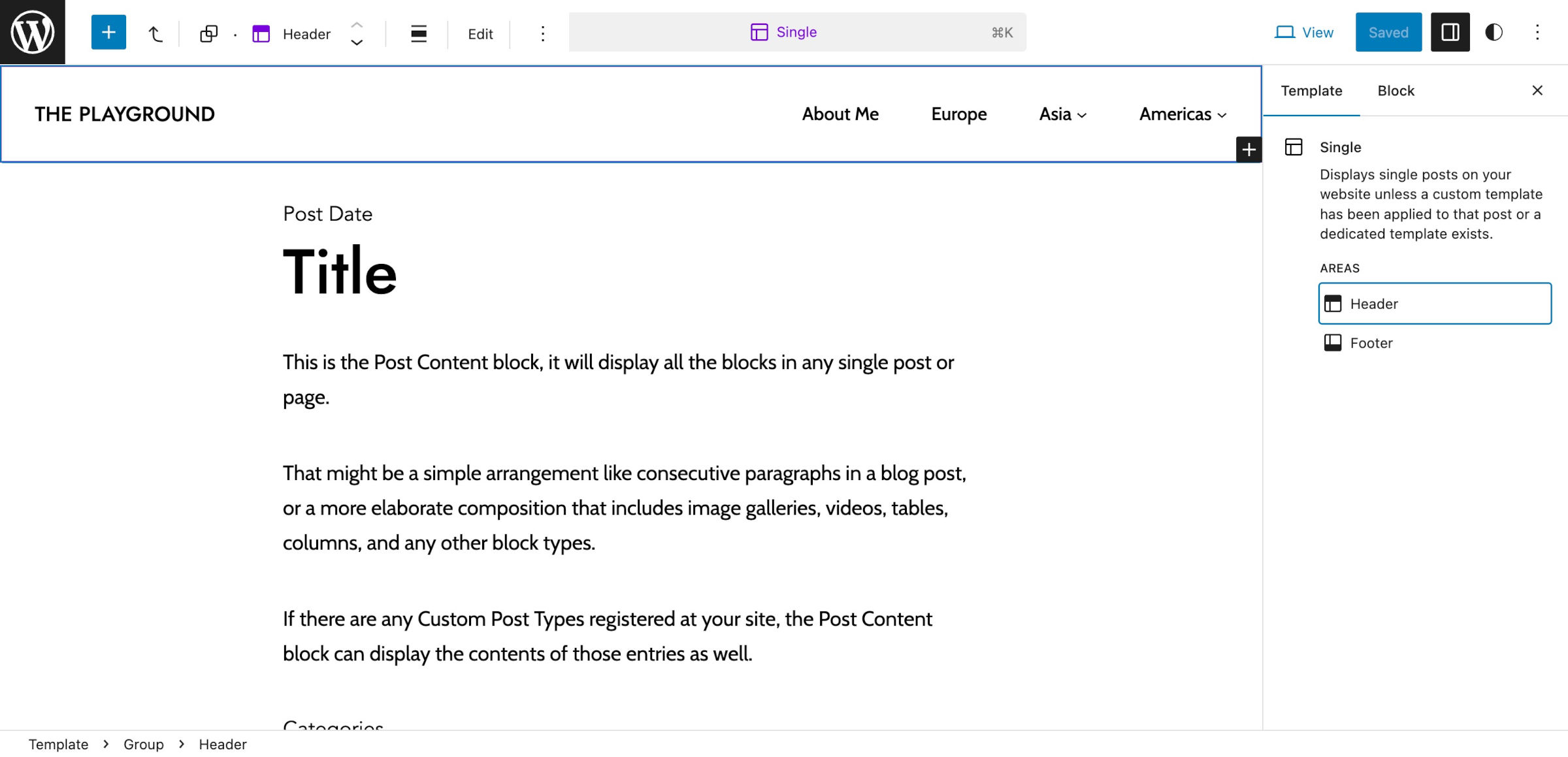WordPress site editor with the Header section highlighted. The Template panel in the sidebar shows two areas: Header and Footer.