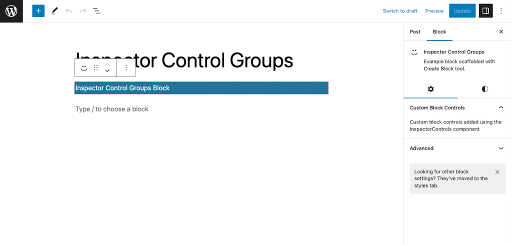 block inspector controls showing a custom section in the Settings panel