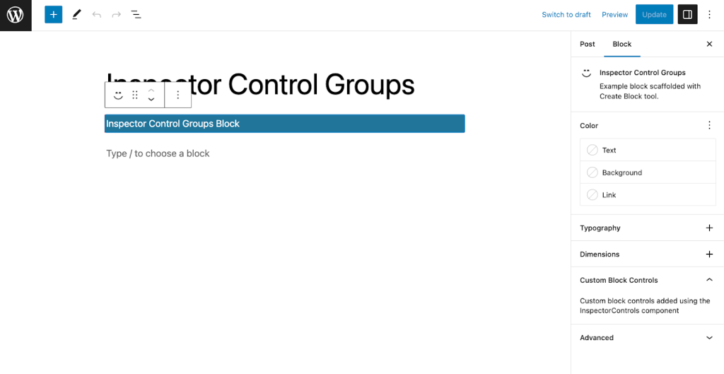 block inspector controls showing a custom section in the Styles panel