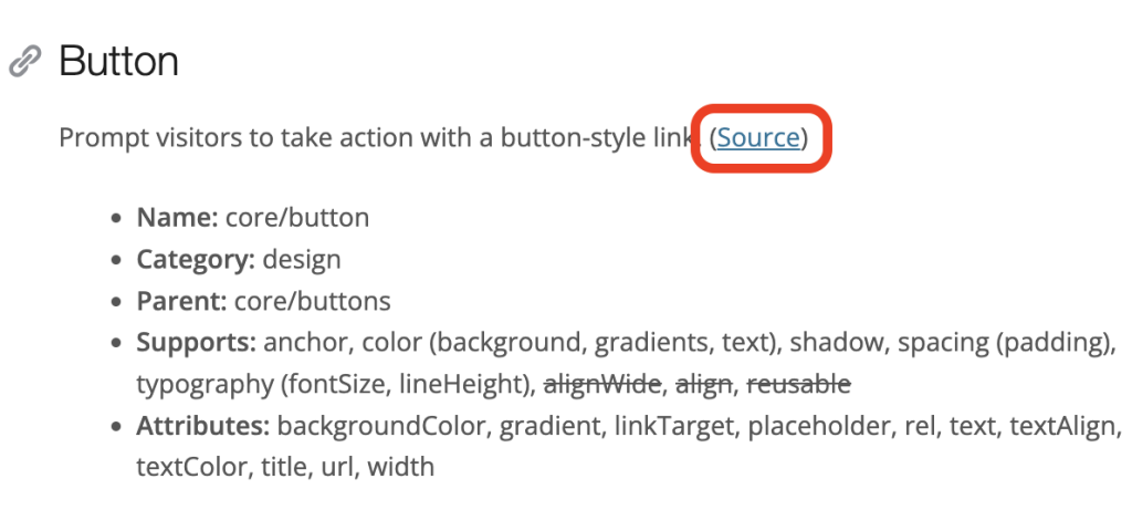 Screen grab of the documentation for the Button core block showing the link to the source code.