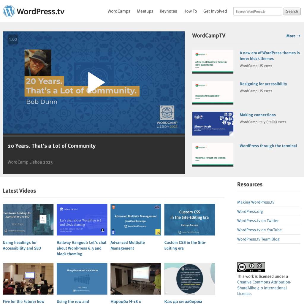 Screengrab of the wordpress.tv website