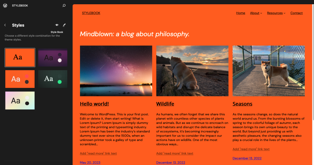 Screenshot of Style Book navigation in the left-hand Styles navigation panel