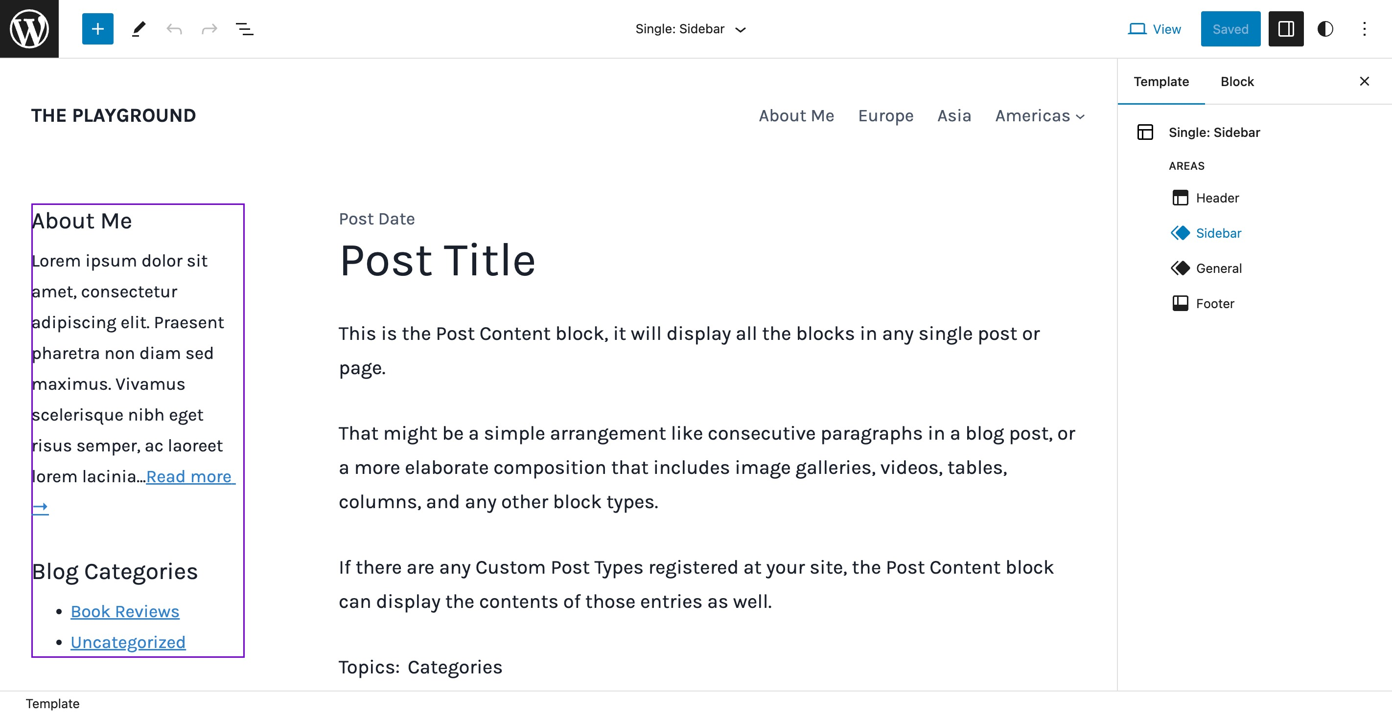 WordPress site editor showing a single post template with a sidebar.