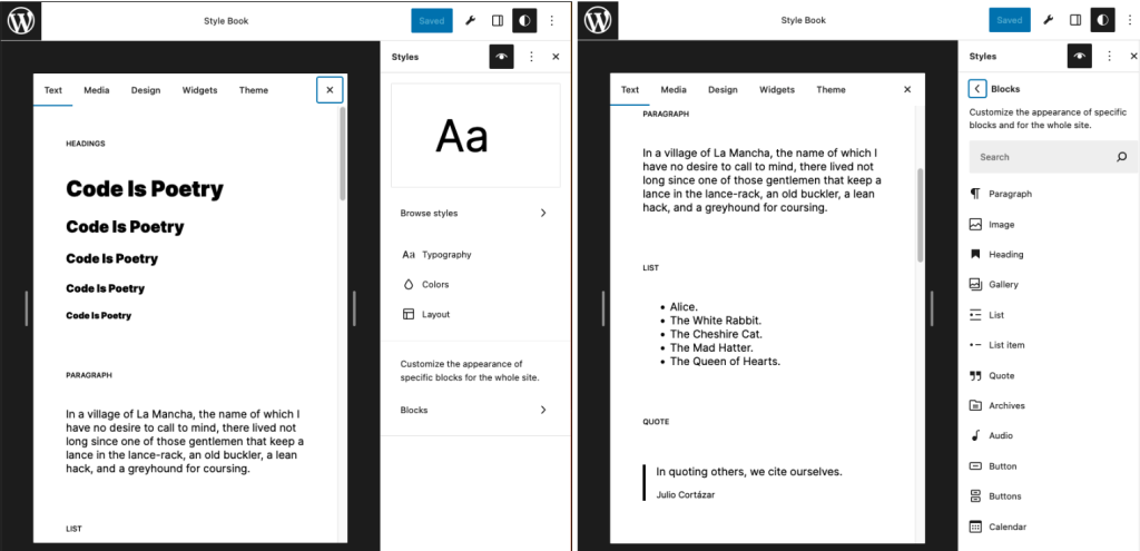 A screenshot of the Style Book preview panel for site-wide or block-level customization