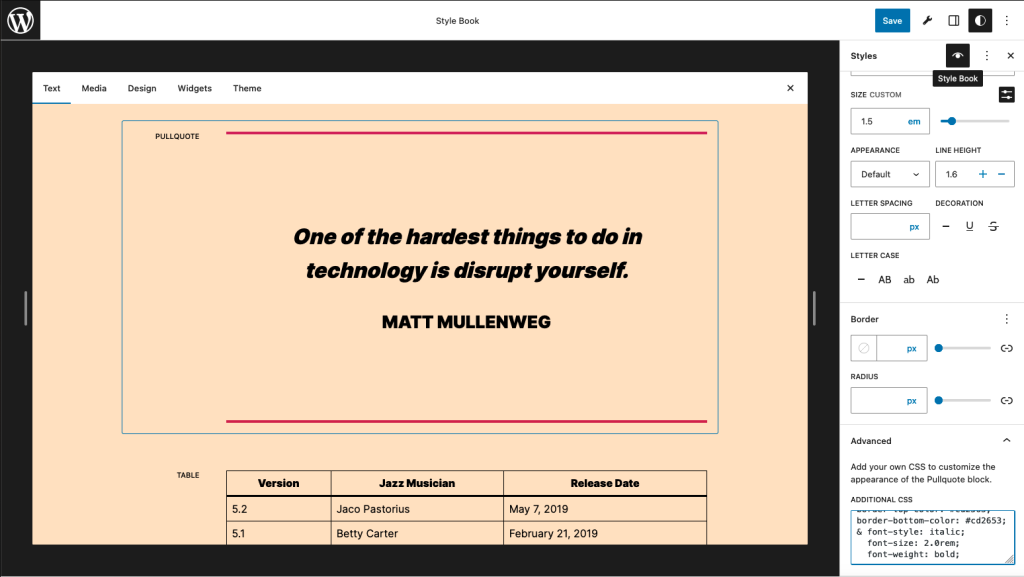 A screenshot illustrating the modification of a pull quote block's font style and border color using the per-block custom CSS feature of the Style Book