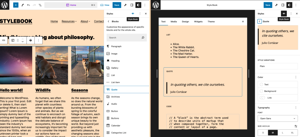 A screenshot demonstrating the process of altering the font style of the quote block using the Style Book per-block styling feature