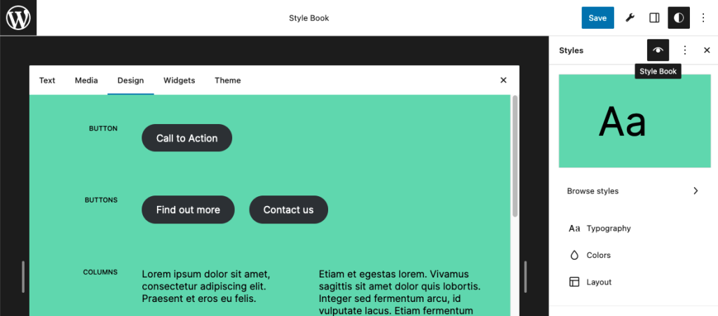 A screenshot of the preview window of the Style Book navigation panel