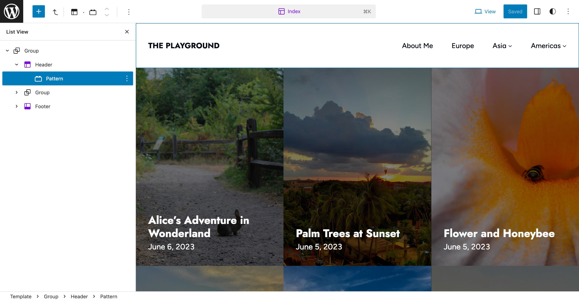 WordPress site editor with a three-column grid in the canvas. The List View sidebar panel is opened with a Pattern highlighted.