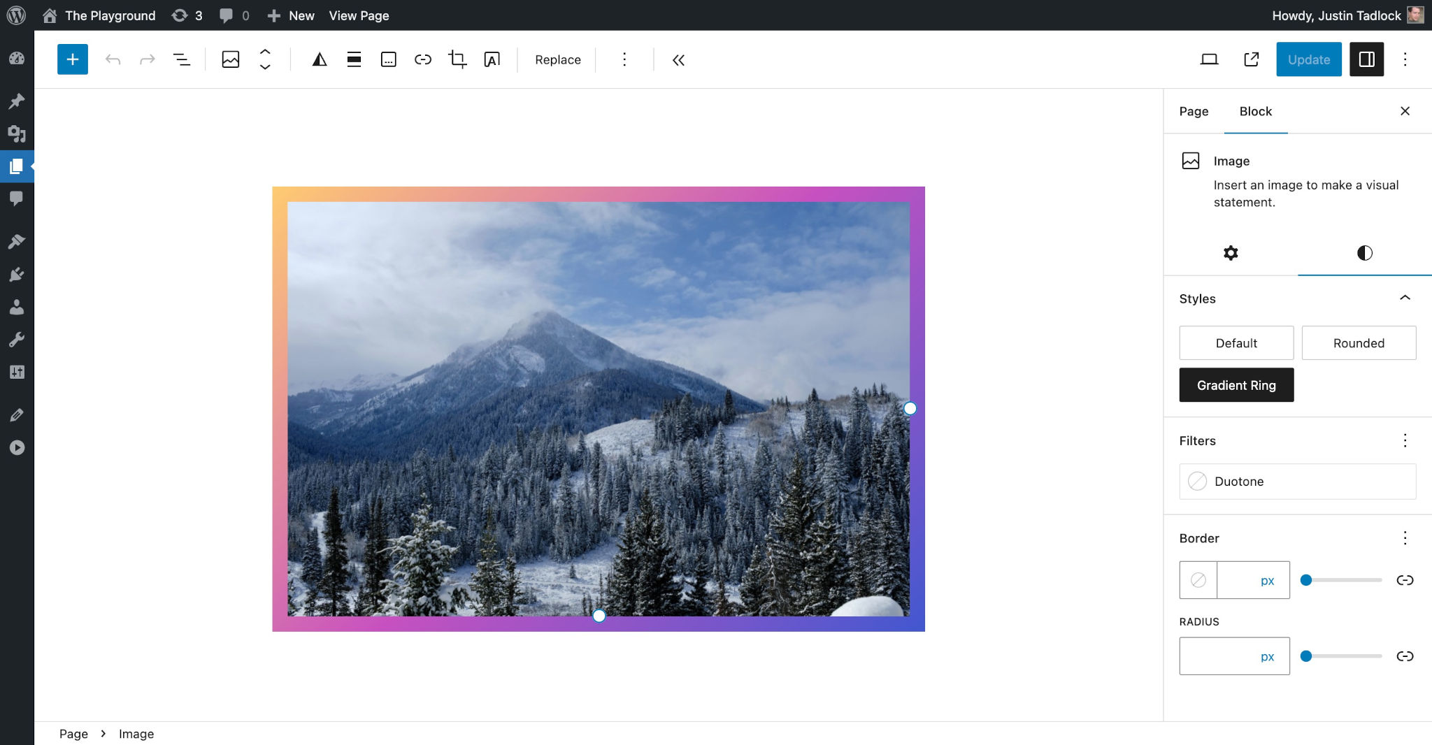 WordPress post editor with an image of mountains in the content canvas. The image has an orange and purple border.