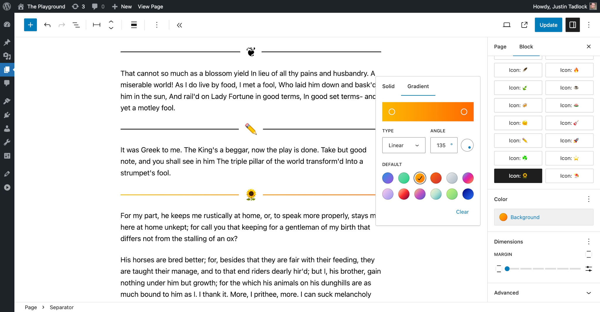 WordPress post editor with demo text, paragraphs separated by Separator blocks that have unique emoji-based icons. The sunflower icon is highlighted and has a custom background gradient.