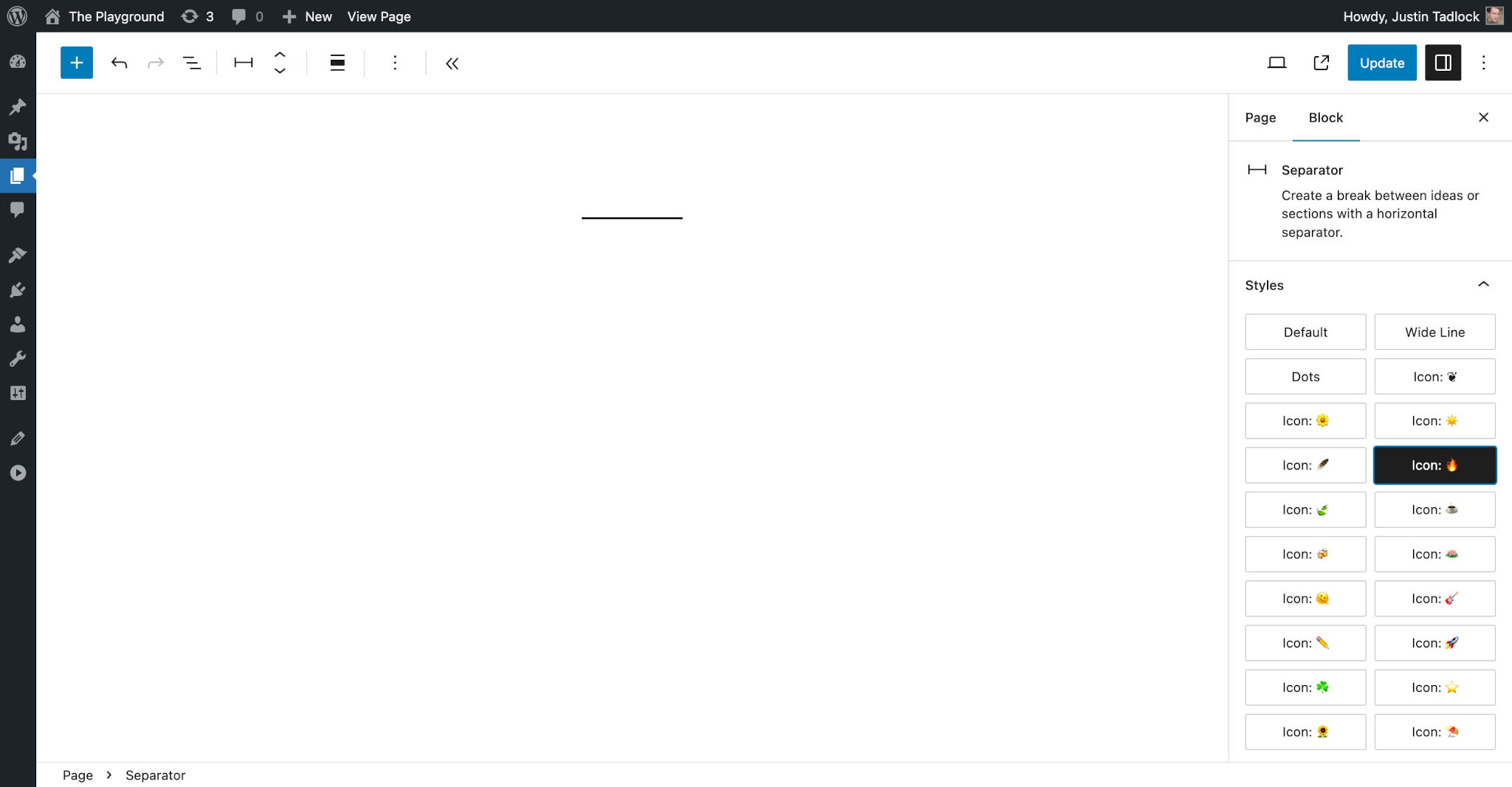WordPress post editor with a single Separator block. In the sidebar, there are 20 individual block styles listed.