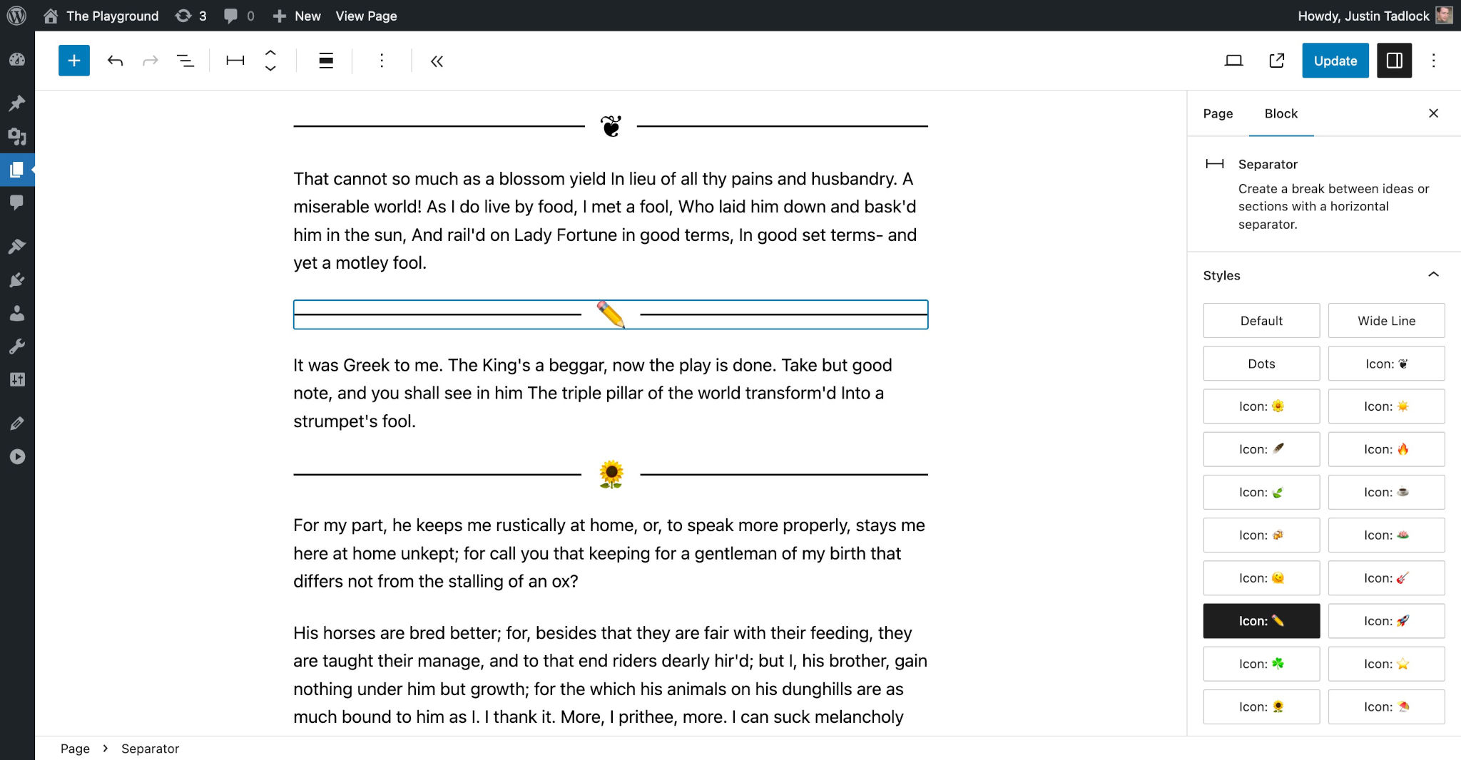 WordPress post editor with demo text, paragraphs separated by Separator blocks that have unique emoji-based icons.