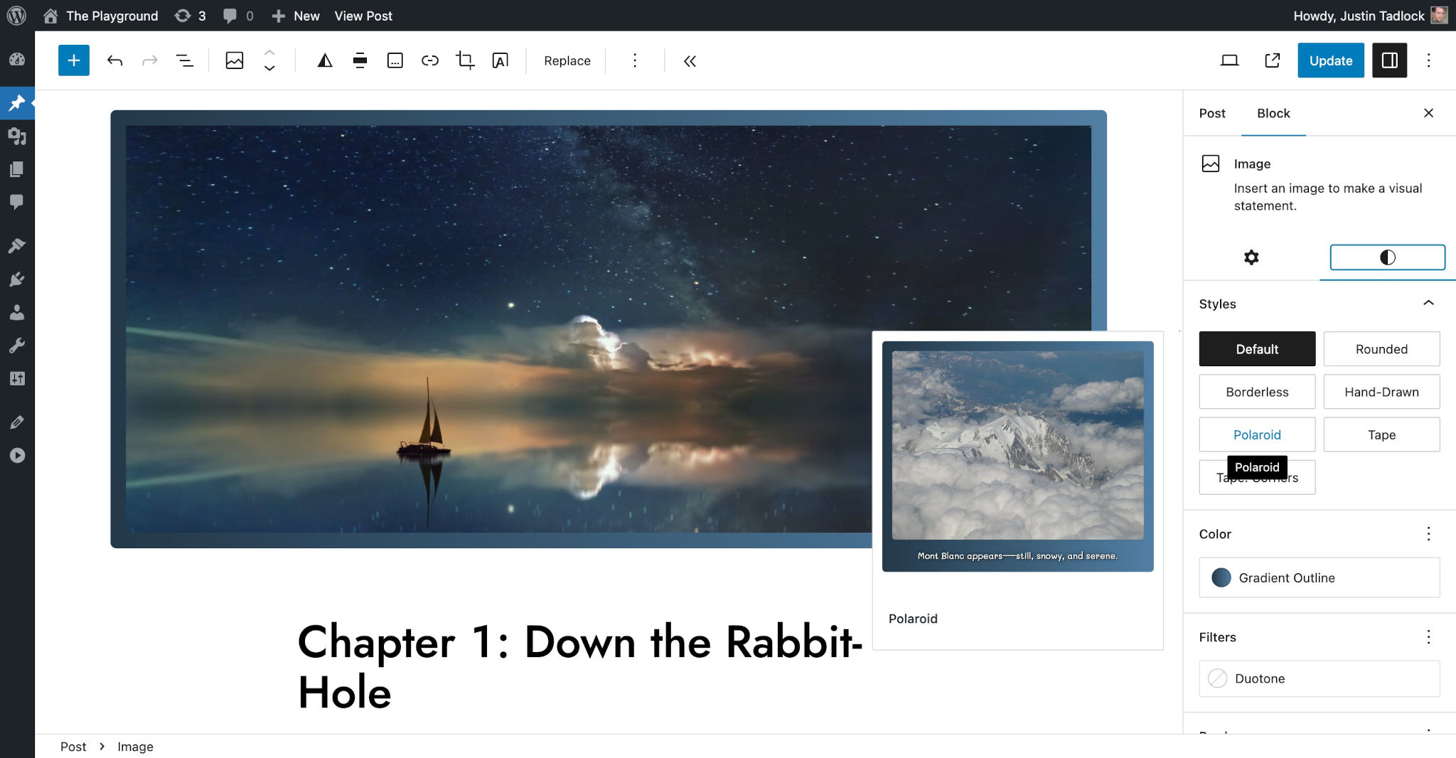 WordPress editor with an image of a sailboat in the ocean at night. In the right sidebar, the Styles panel is highlighted and showing various block styles to select from.