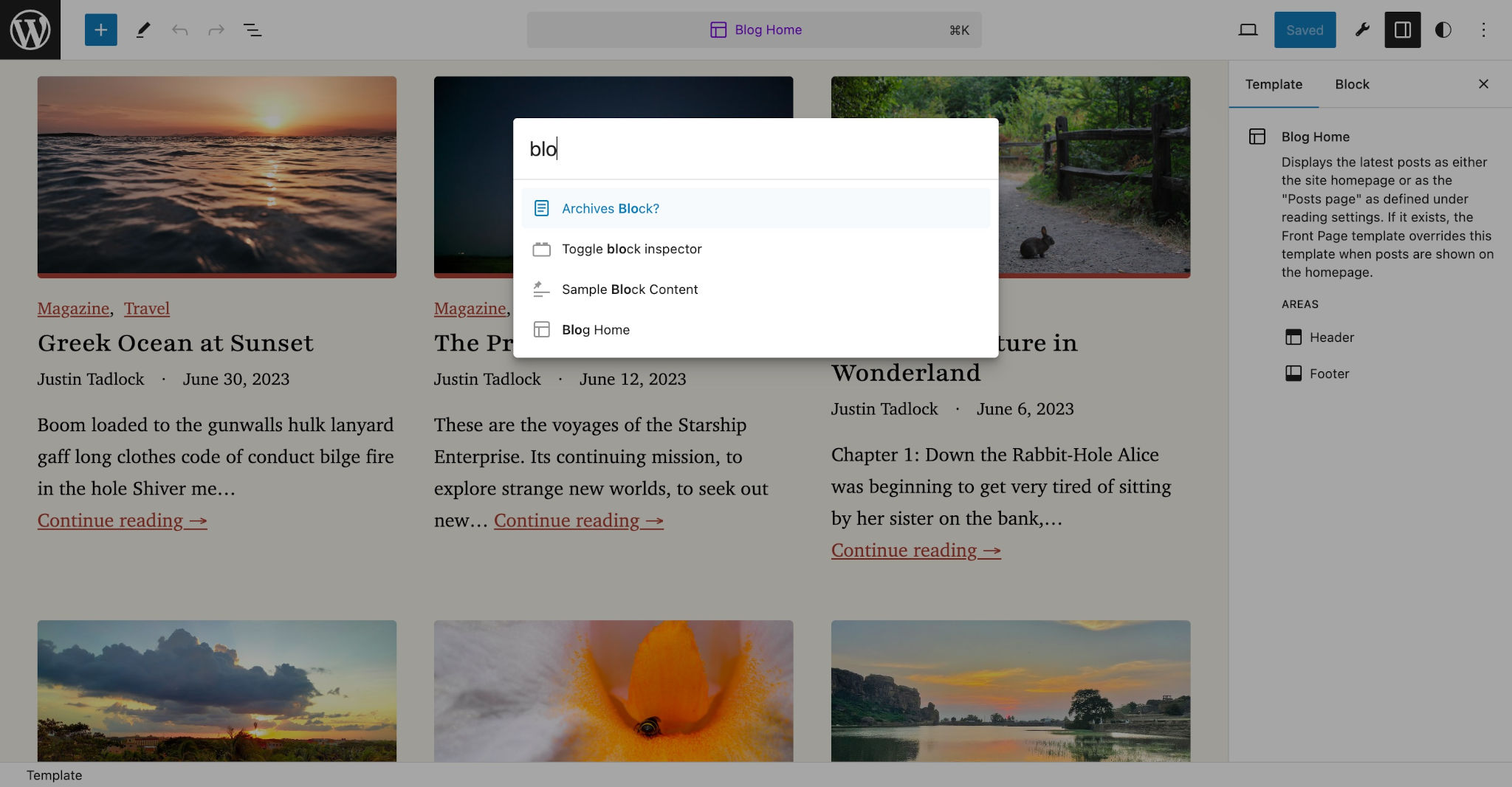 Modal overlay with search/command input in the site editor.