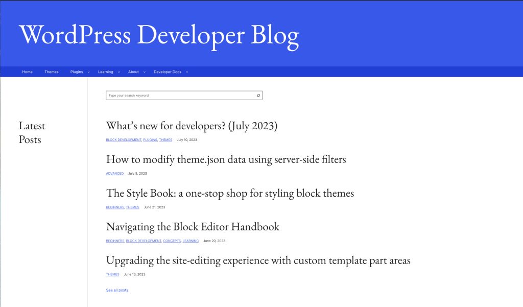 Home page of WordPress developer blog, with EB Garamond headings