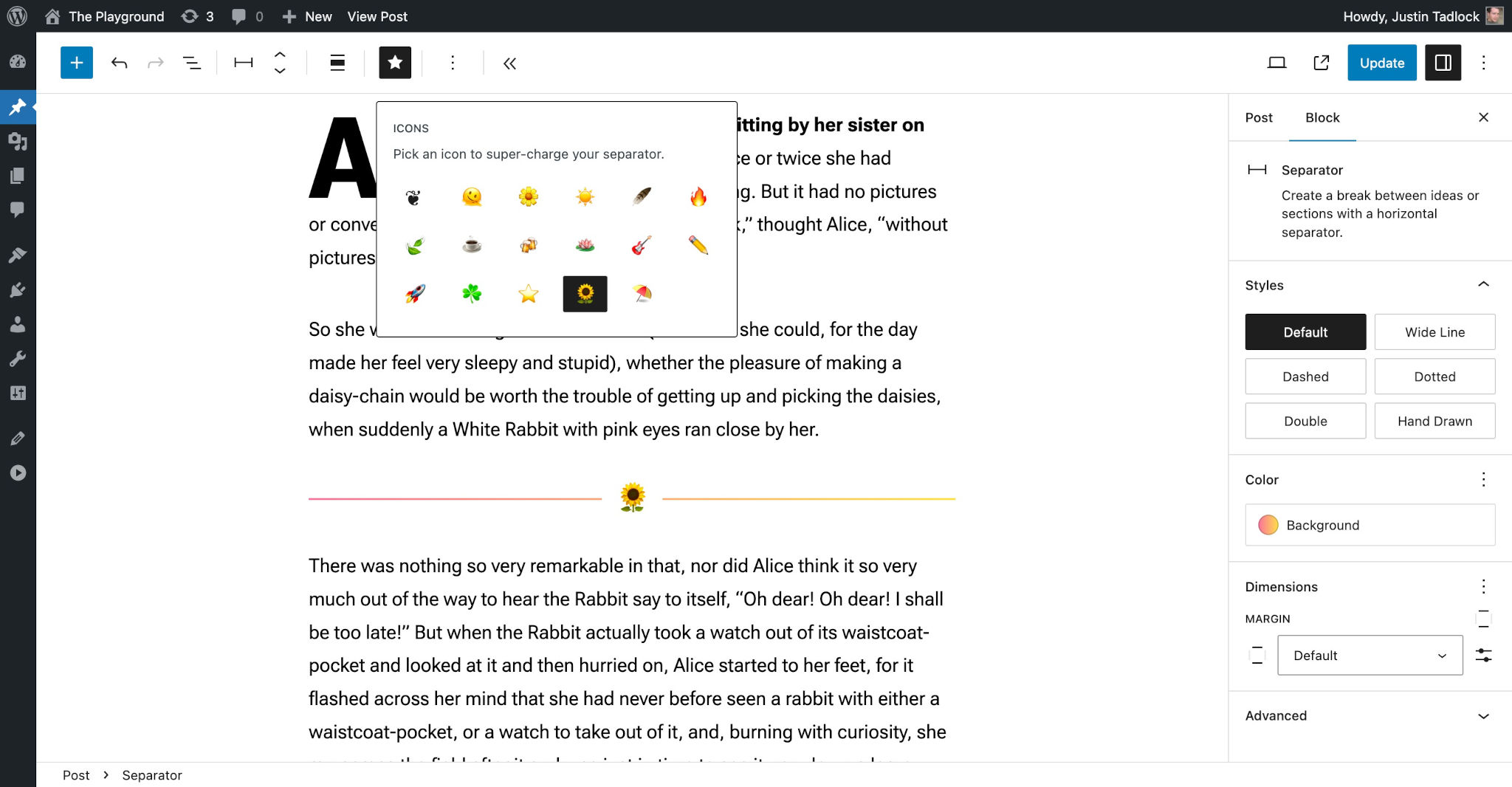The WordPress post editor with a Separator block selected in the content canvas. The toolbar has a dropdown list of various emoji-based icons.